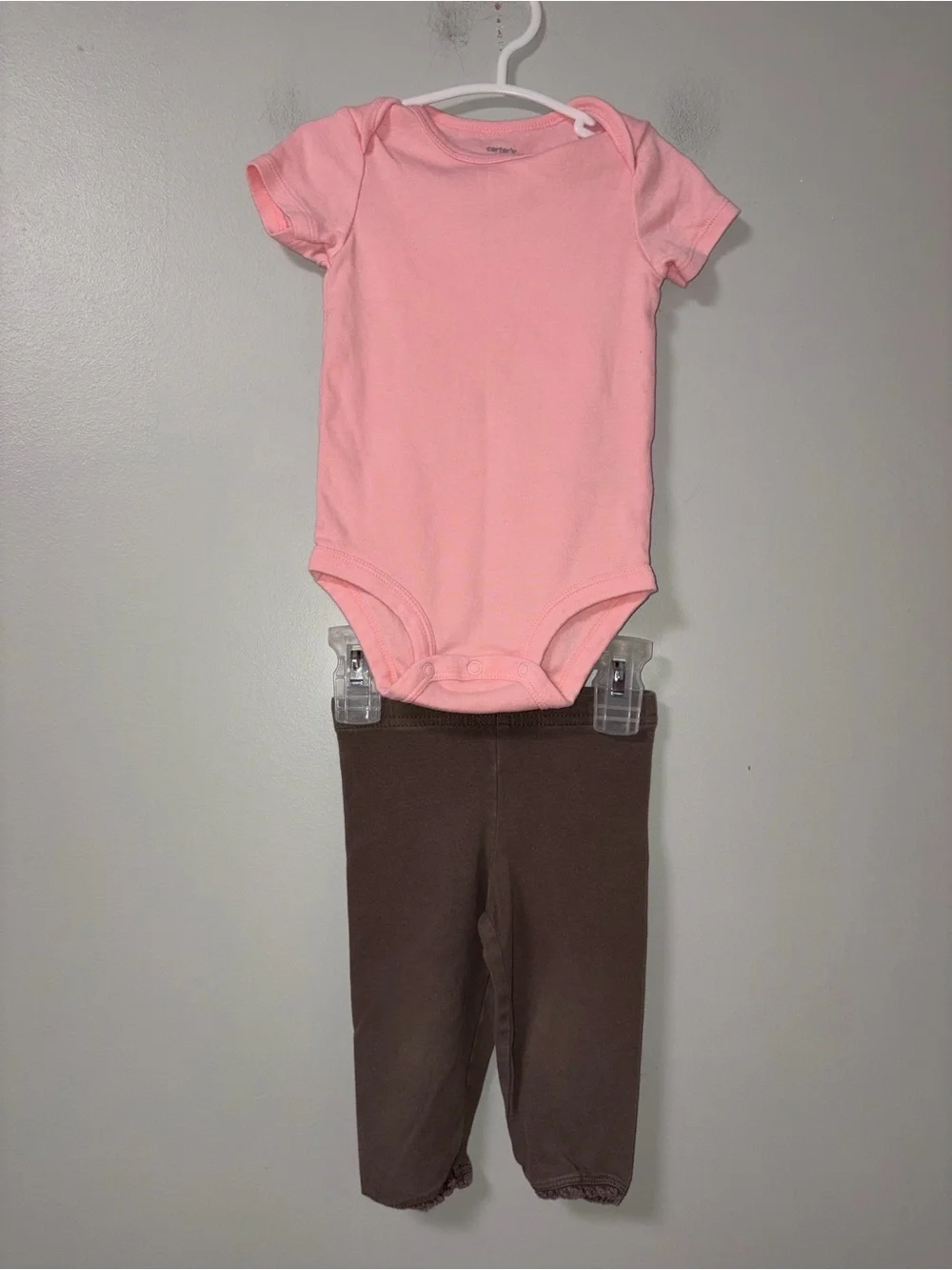 Carters Pink Body Suit & Gray/Brown Ruffle Hem Pants 12M Girls